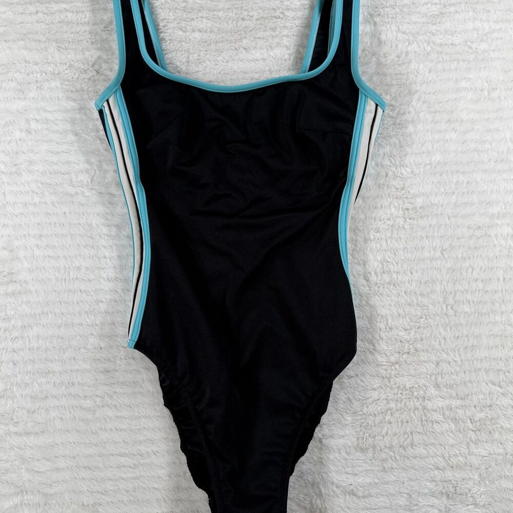 Miraclesuit Sideswipe One Piece Swimsuit Black Turquoise Stripes Slimming Size 8